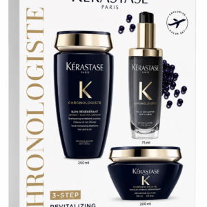 KÉRASTASE Chronologiste 3-Step Revitalizing Hair Routine – Zestaw Odmładzający 250 ml + 200 ml + 75 ml Ekskluzywny rytuał anti-aging dla włosów i skóry głowy. Oczyszczasz, regenerujesz, perfumujesz.