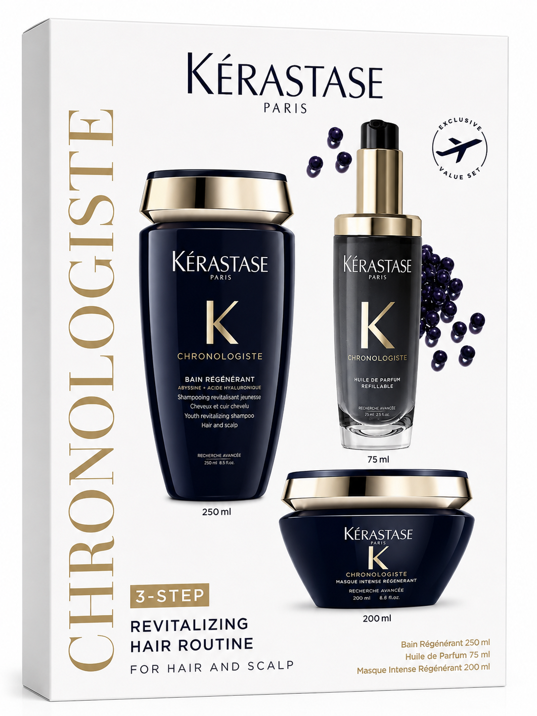 KÉRASTASE Chronologiste 3-Step Revitalizing Hair Routine – Zestaw Odmładzający 250 ml + 200 ml + 75 ml Ekskluzywny rytuał anti-aging dla włosów i skóry głowy. Oczyszczasz, regenerujesz, perfumujesz.