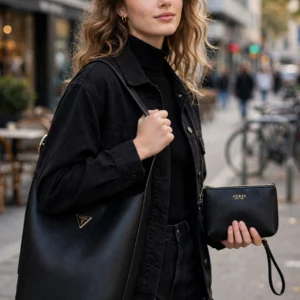 Guess Torebka Shopper Damska 2w1 MERIDIAN Czarna – Duża Torba + Mała Saszetka | HWBG69 742